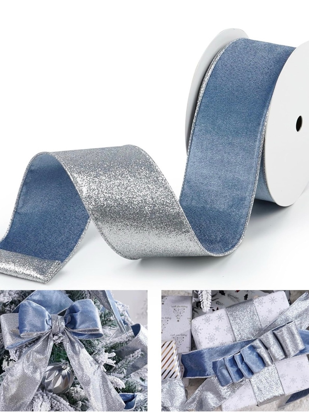 Silver Glitter and Light Blue Velvet Double-Sided Ribbon🎄🩵🎄🩵🎄